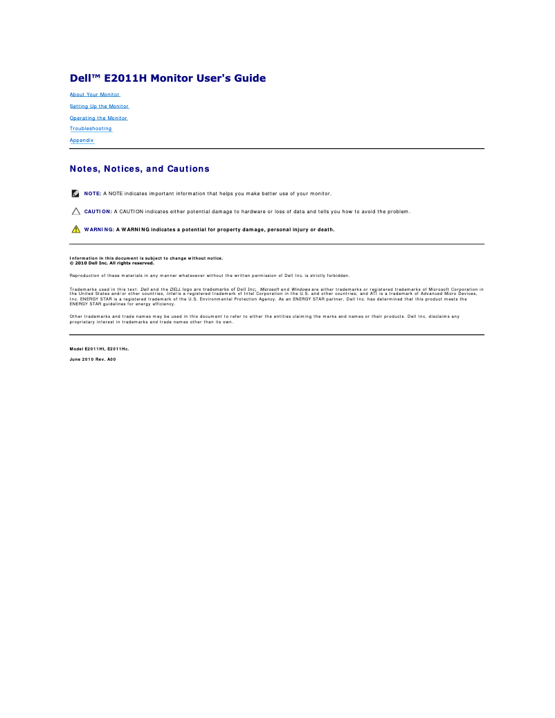 Page 1 de la notice Manuel utilisateur Dell E2011H