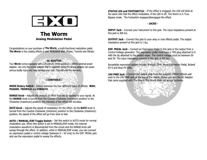 Page n°1 - Manuel utilisateur Electro Harmonix Worm Modulation Multi FX