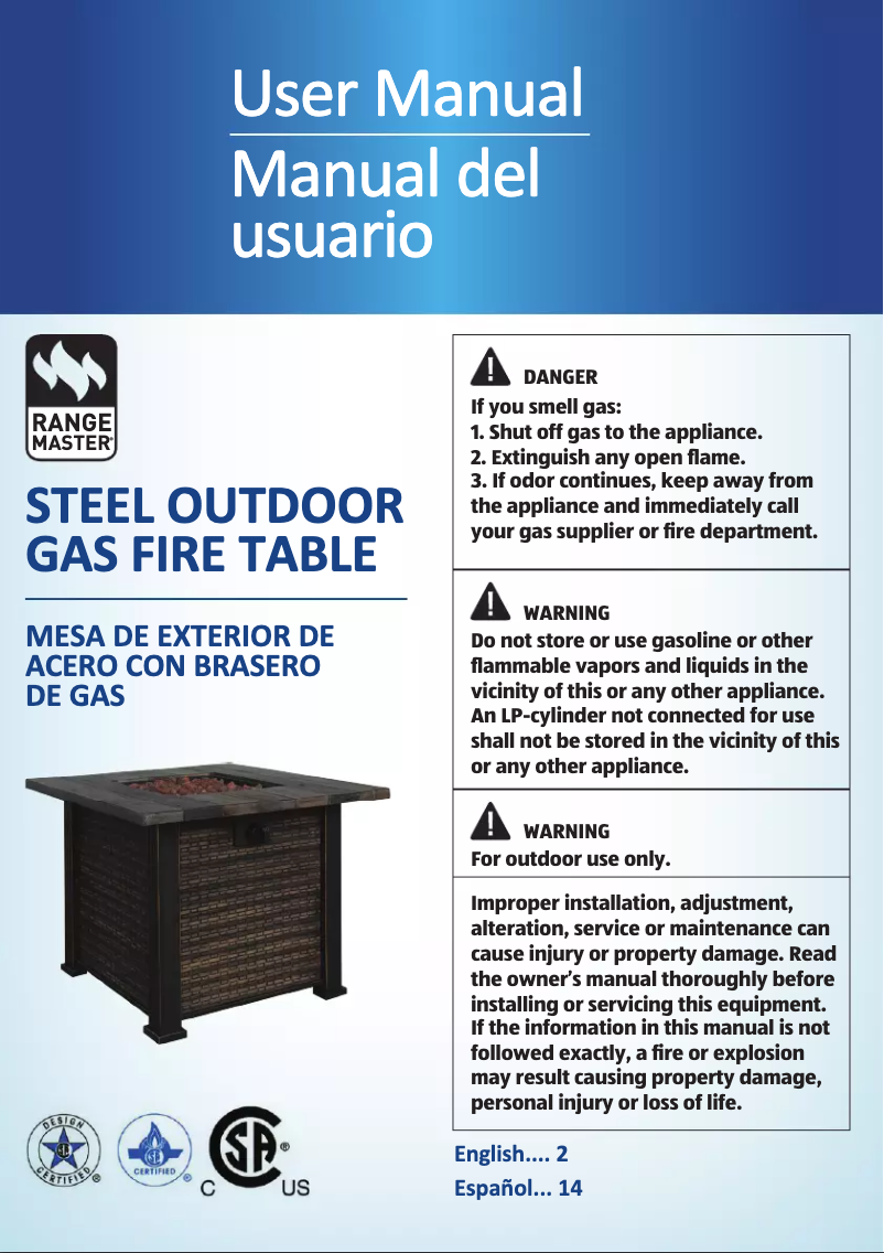 Page 1 of the manual User Manual Ambiano Gas Fire Table 50440