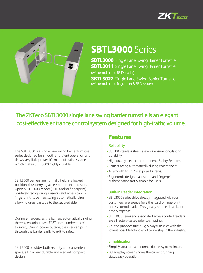 Page 1 de la notice Fiche technique ZKTeco SBTL3000
