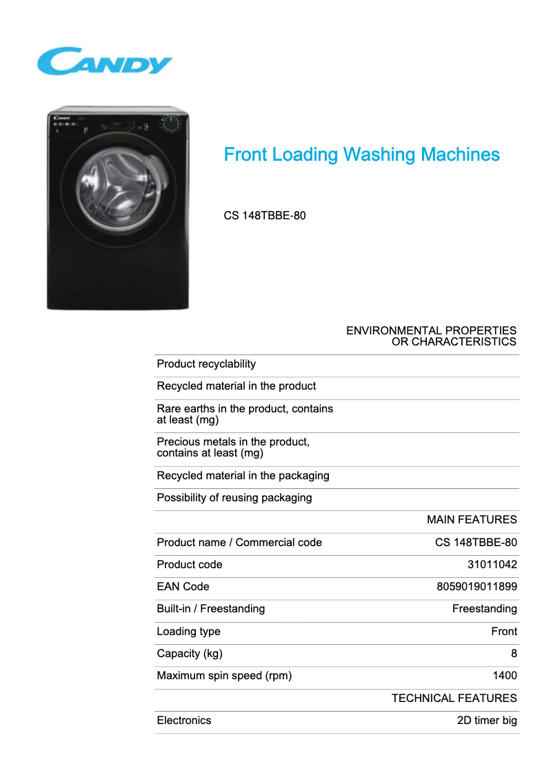 Page 1 de la notice Fiche technique Candy CS 148TBBE-80