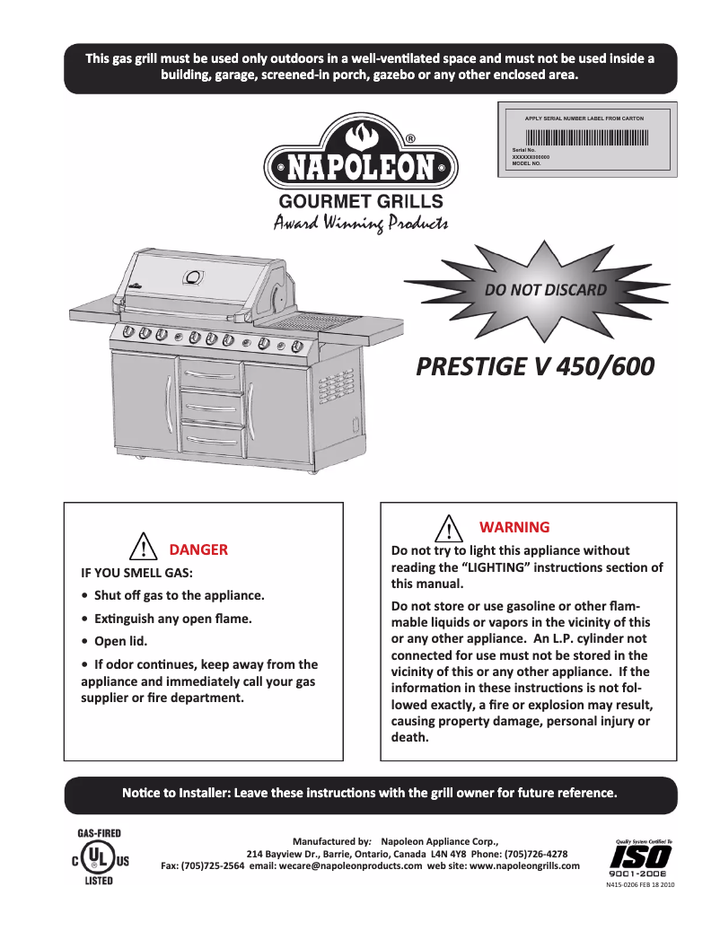 Page 1 de la notice Manuel utilisateur Napoleon Prestige FIVE 450