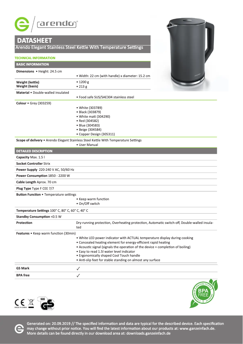 Page 1 de la notice Fiche technique Arendo 303259
