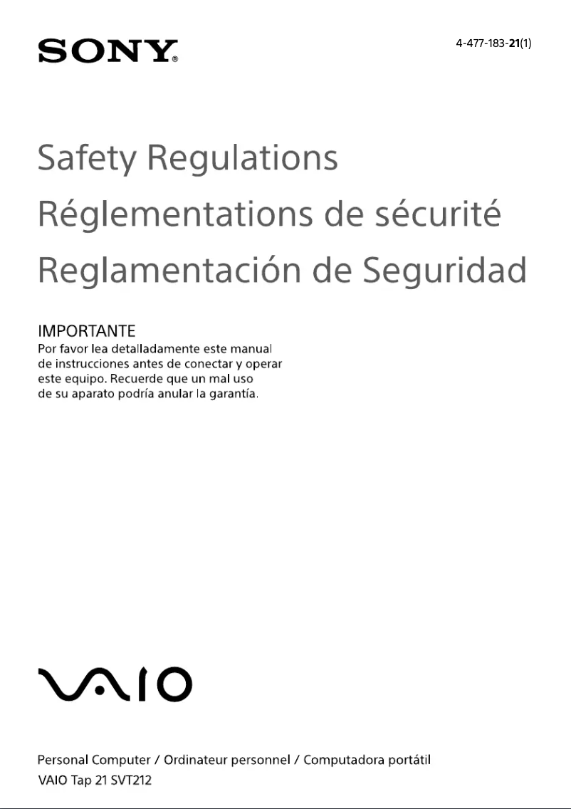Page 1 de la notice Instructions de sécurité Sony Vaio Tab 21 SVT21213CYB