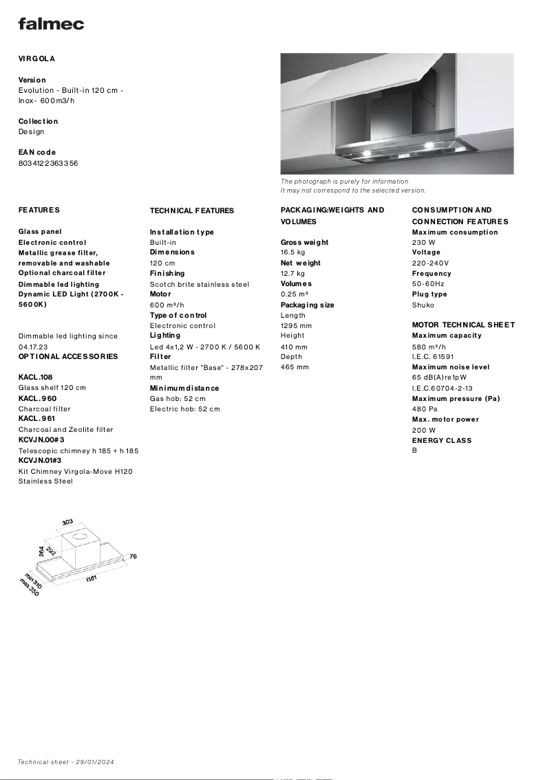 Page 1 de la notice Fiche technique Falmec Virgola