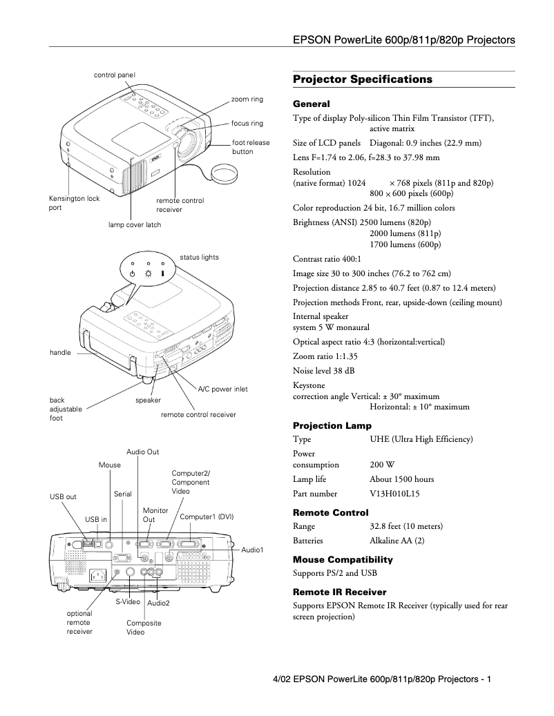Page 1 de la notice Fiche technique Epson PowerLite 811p