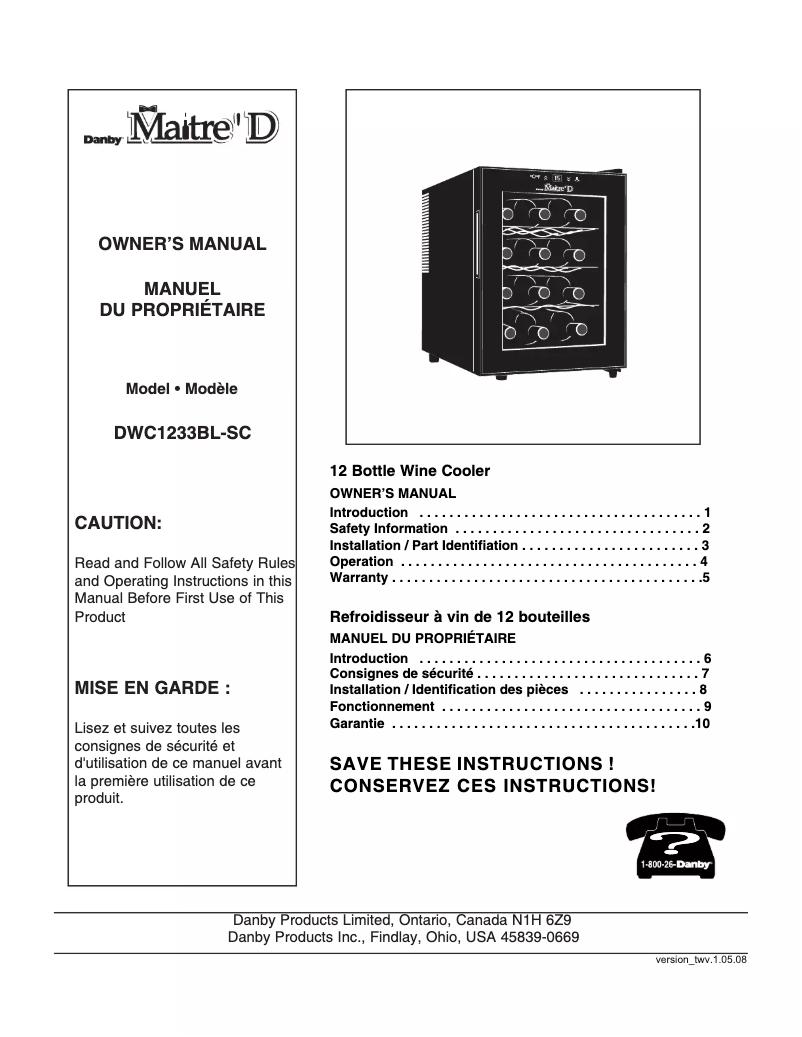 Page 1 de la notice Manuel utilisateur Danby DWC1233BL-SC