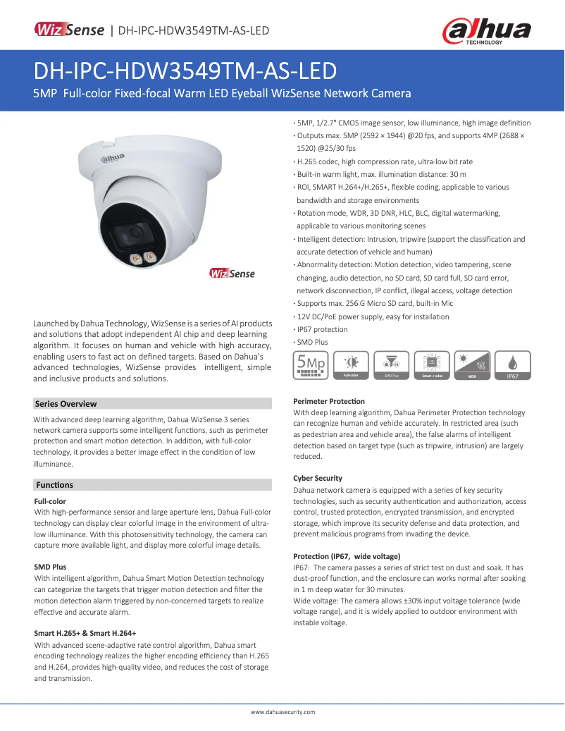 Page 1 de la notice Fiche technique Dahua Technology IPC-HDW3549TM-AS-LED