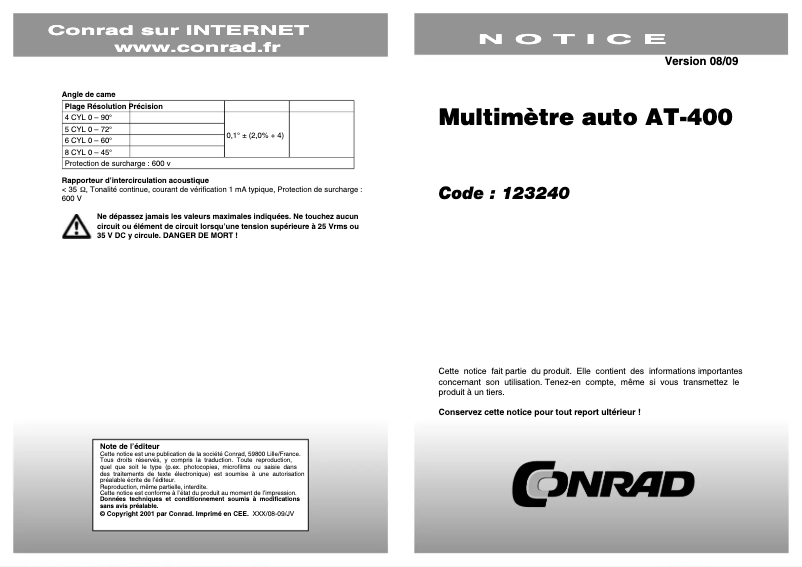 Page 1 de la notice Manuel utilisateur Voltcraft AT-400
