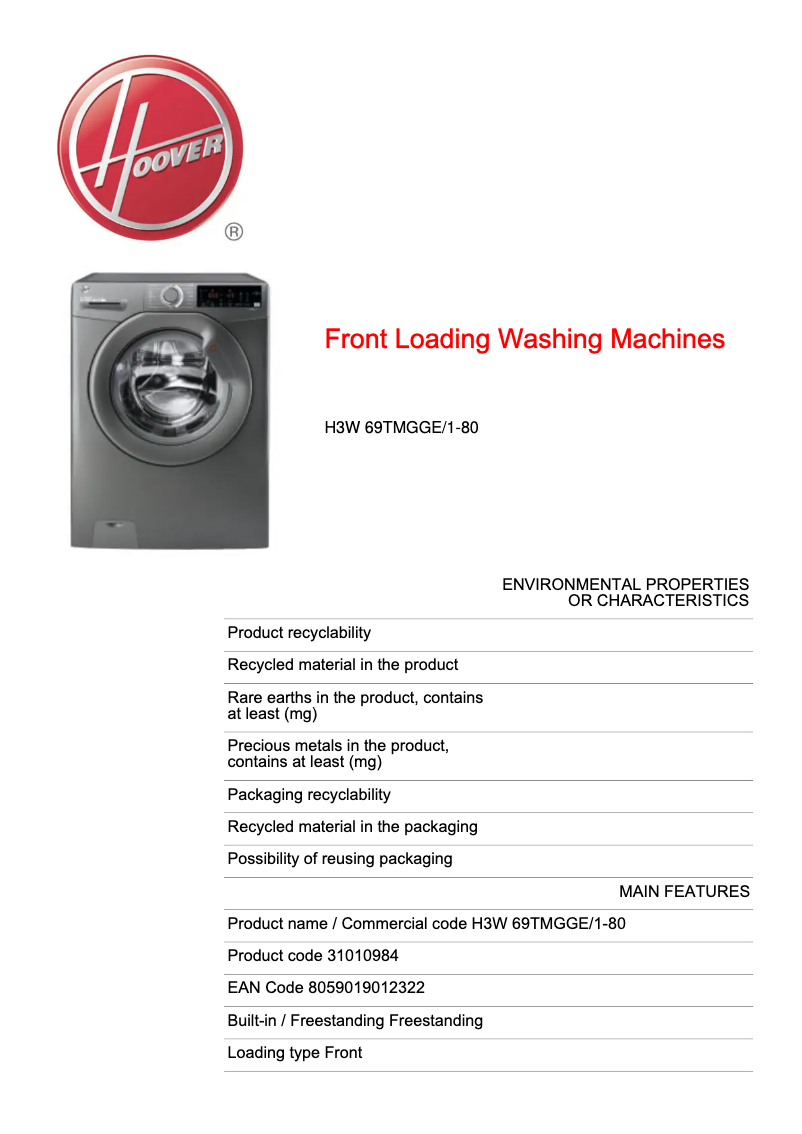 Page n°1 - Fiche technique Hoover H-WASH 300 PLUS H3W 69TMGGE/1-80