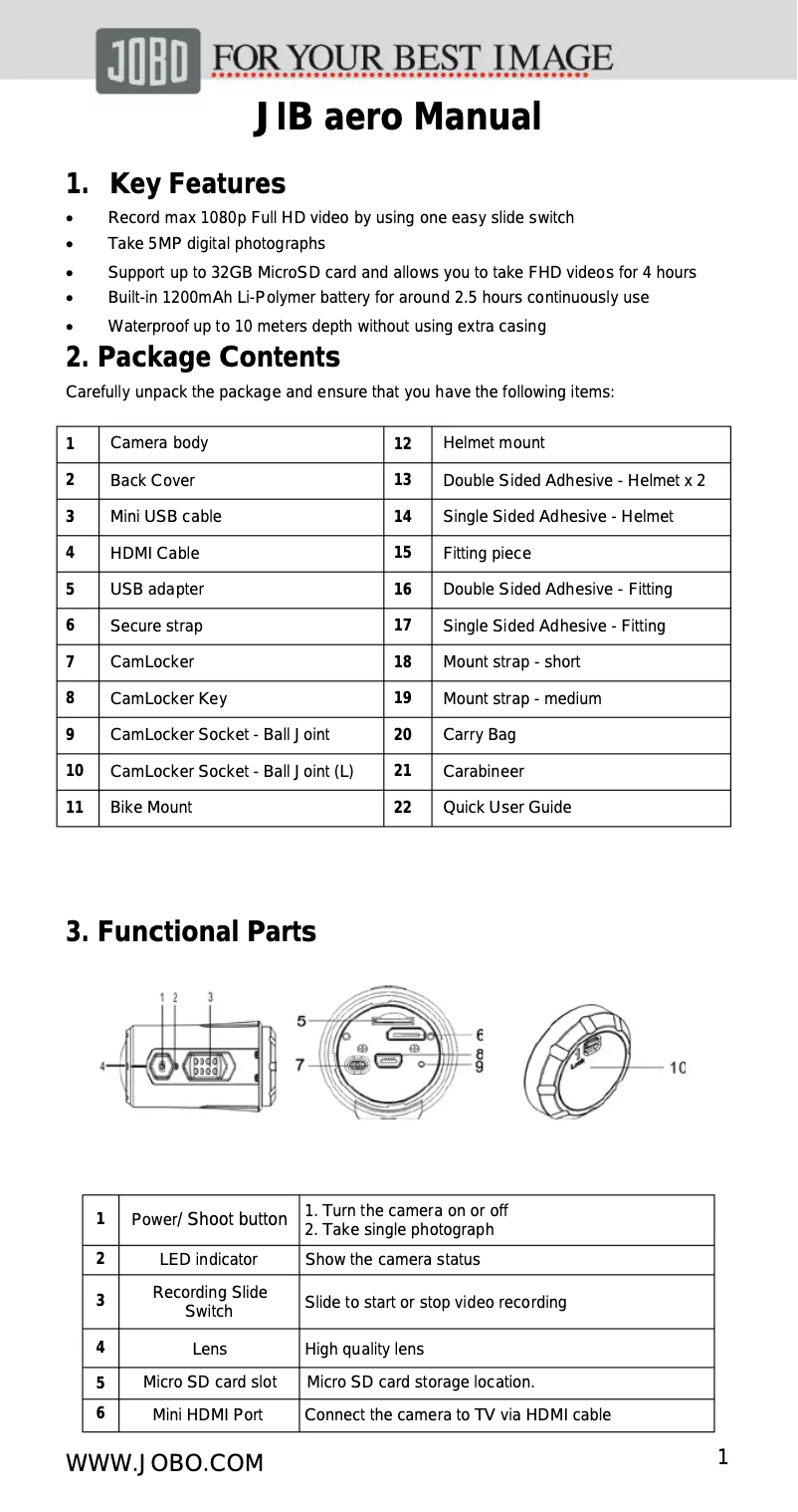 Page 1 de la notice Manuel utilisateur Jobo JIB aero
