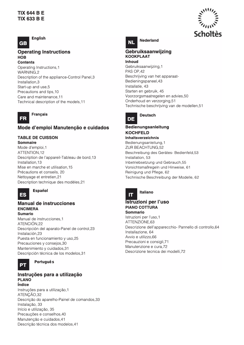 Page n°1 - Manuel utilisateur Scholtès TIX 644 B E