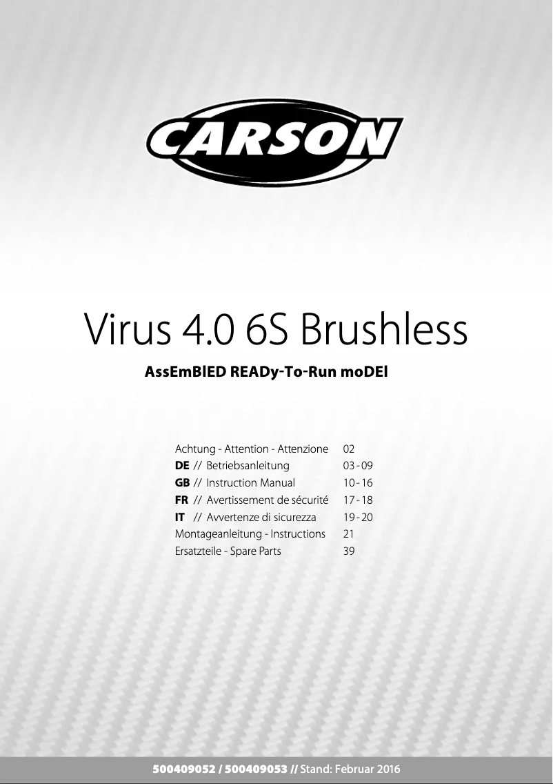 Page 1 de la notice Manuel utilisateur Carson Virus 4.0 6S Brushless