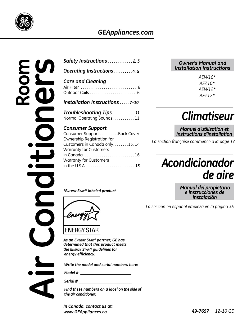 Page 1 de la notice Manuel d'utilisation et d'entretien GE AEW12AP