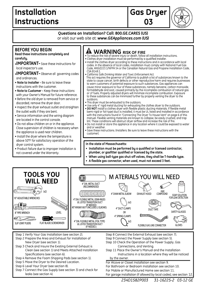 Page n°1 - Guide d'installation GE GTDS570GDWW