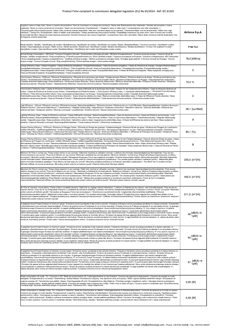 Page 1 de la notice Fiche technique Airforce F162 90 TLC