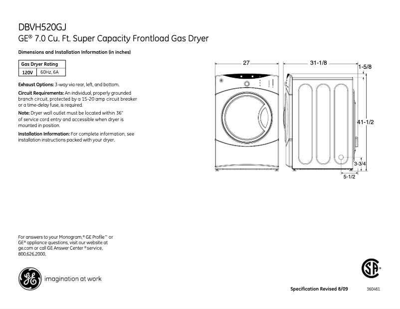 Page 1 de la notice Fiche technique GE DBVH520GJWW