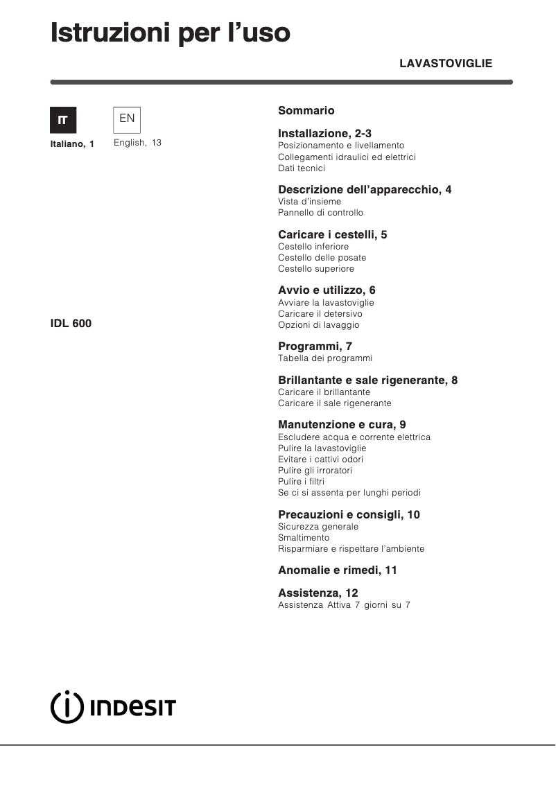 Page 1 de la notice Manuel utilisateur Indesit IDL 600 S IT.2