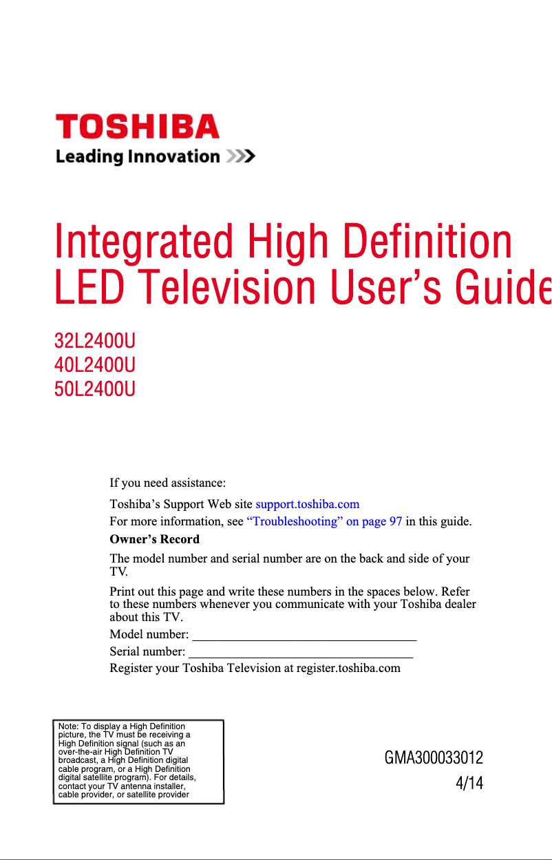 Page 1 de la notice Manuel utilisateur Toshiba 50L2400U