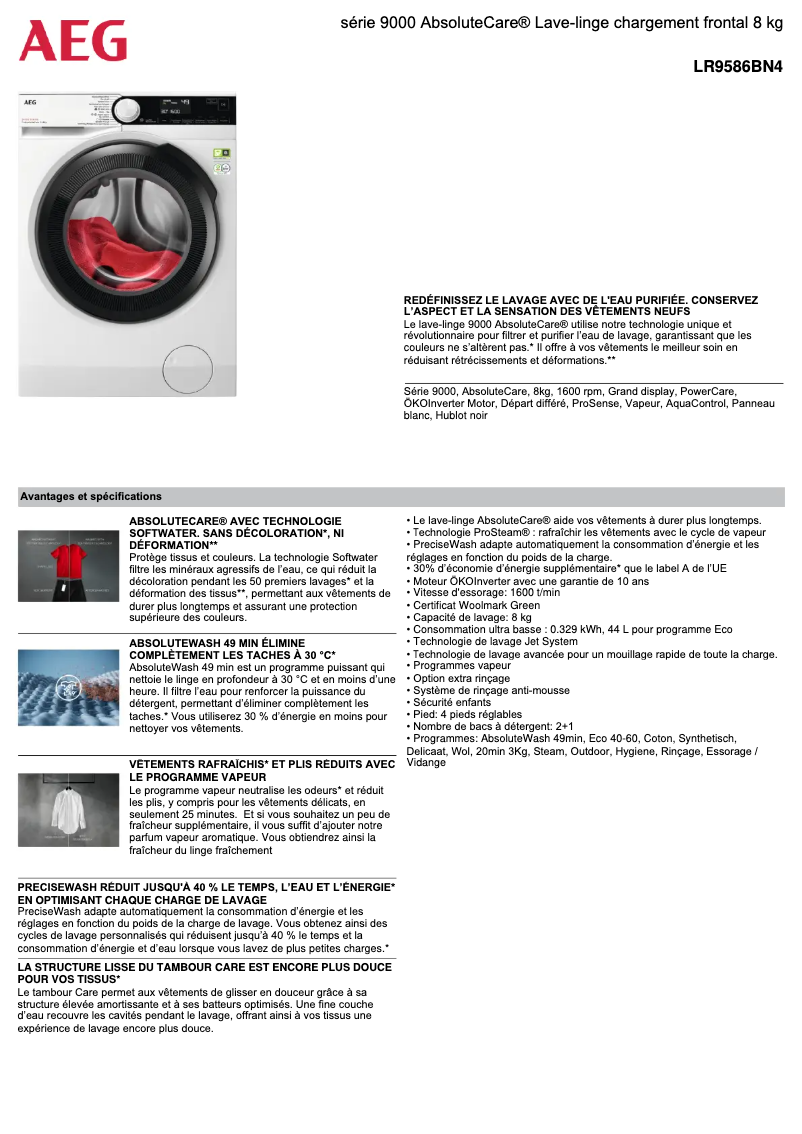 Page 1 de la notice Fiche technique AEG LR9586BN4
