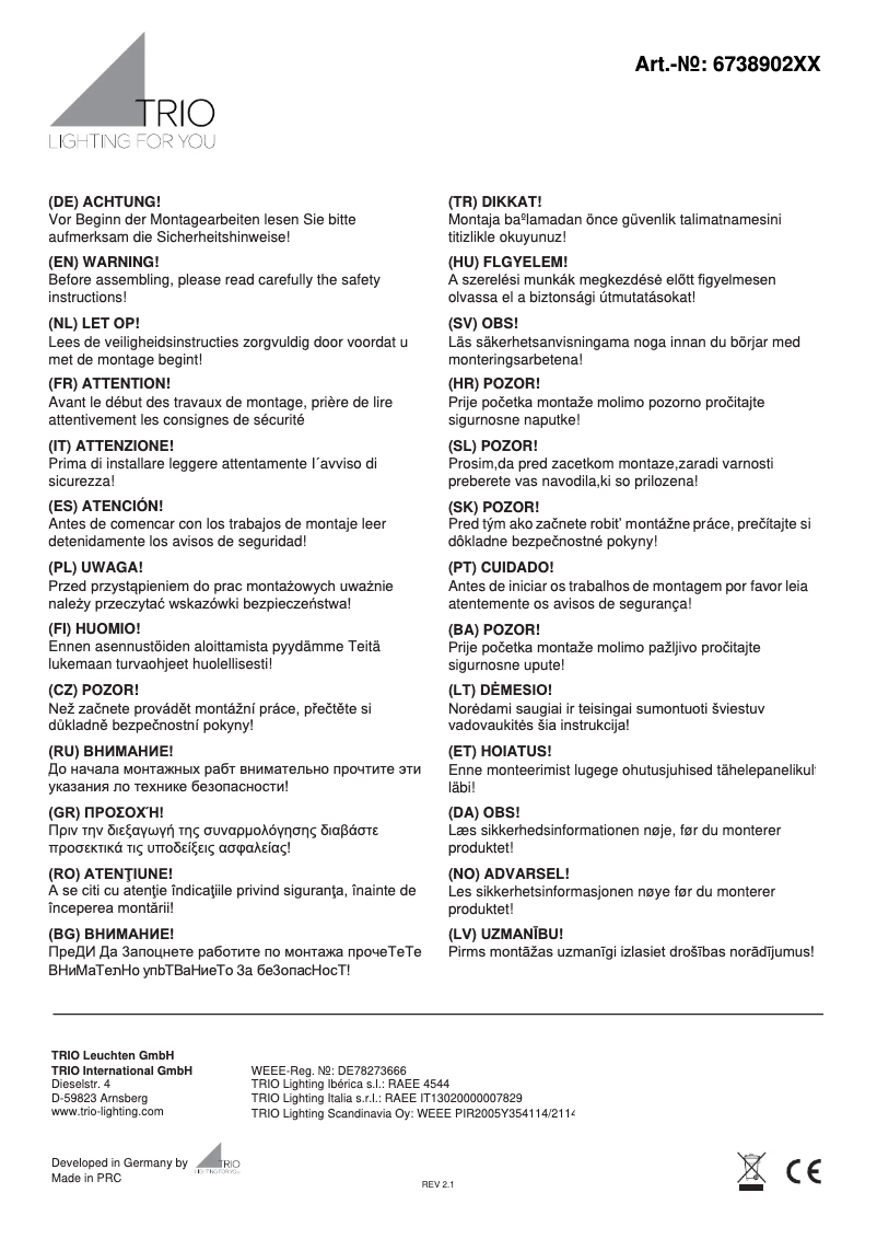 Page 1 de la notice Manuel utilisateur Trio Lighting Granada 673890206