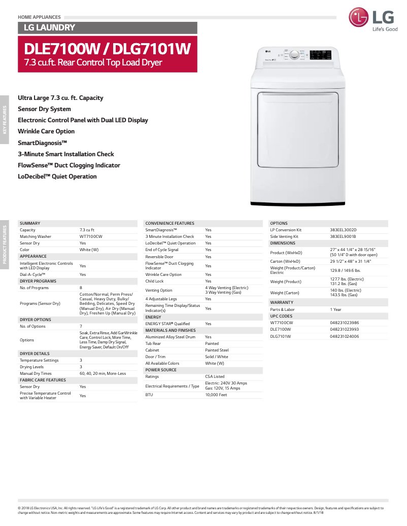 Page n°1 - Fiche technique LG DLE7100W