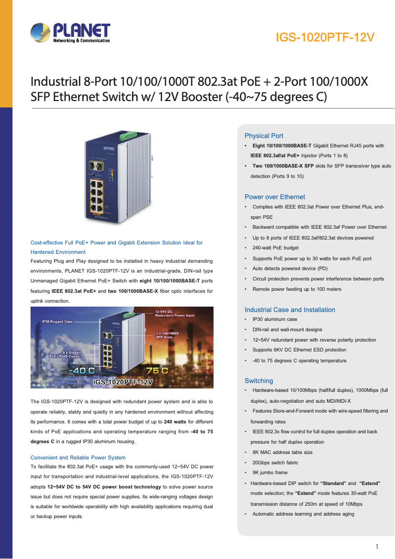 Page 1 de la notice Fiche technique Planet IGS-1020PTF-12V