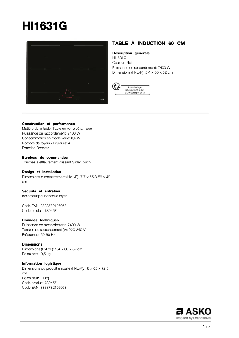 Página 1 del manual Ficha técnica Asko HI1631G