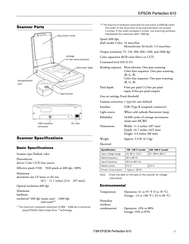 Page 1 de la notice Fiche technique Epson Perfection 610