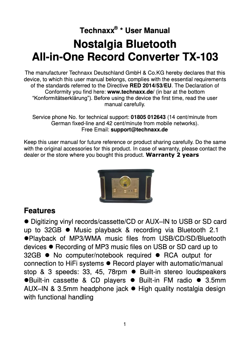 Page n°1 - Manuel utilisateur Technaxx TX-103