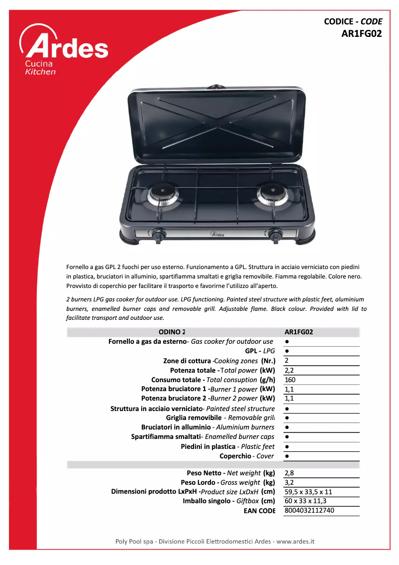Page 1 de la notice Fiche technique Ardes AR1FG02