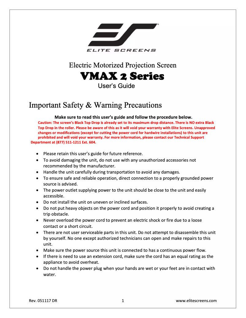 Page 1 de la notice Manuel utilisateur Elite Screens VMAX84XWV2