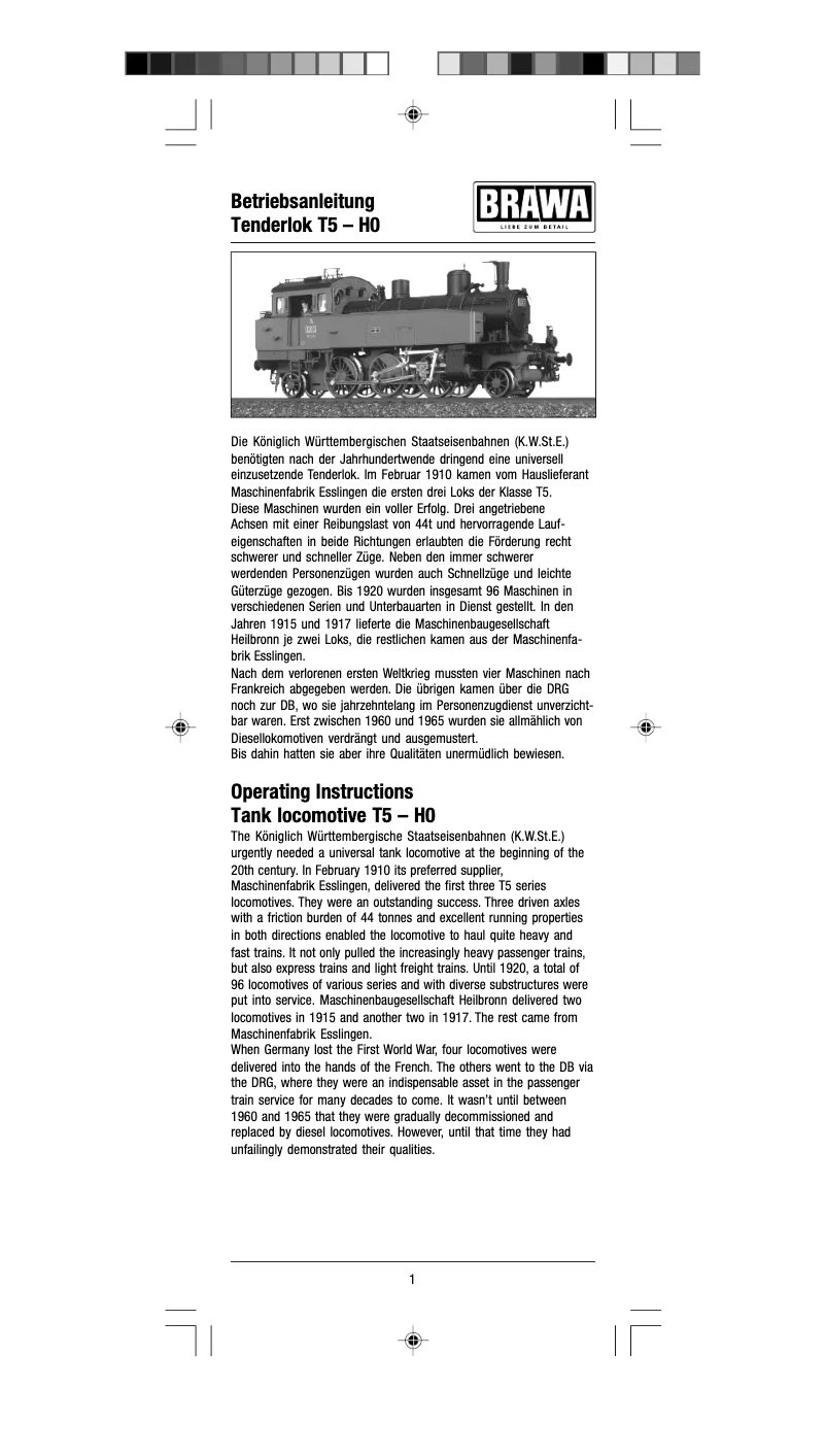 Page n°1 - Manuel utilisateur Brawa 40004 T5 (HO)