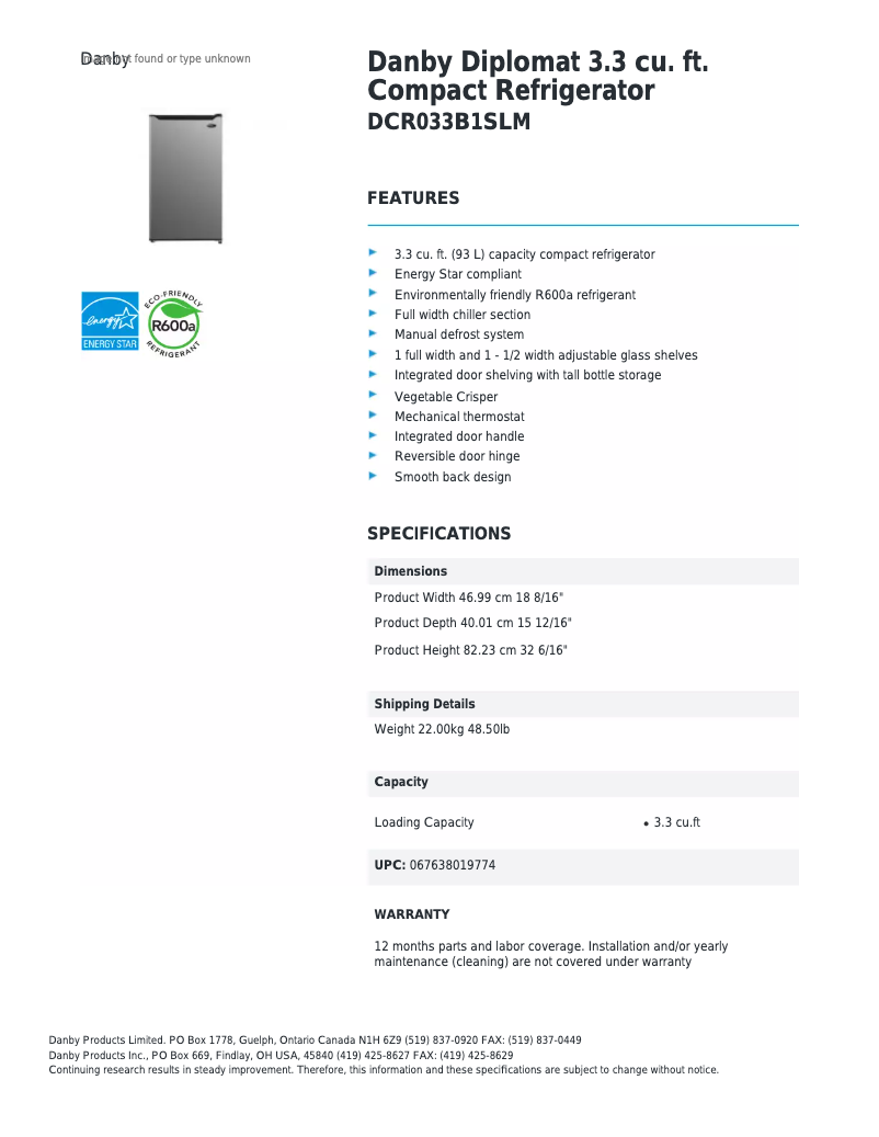 Page 1 de la notice Fiche technique Danby Diplomat DCR033B1SLM
