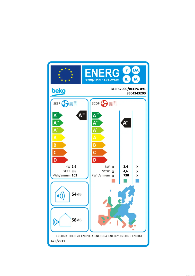 Page 1 de la notice Label énergétique Beko BEEPG 090/ BEEPG 091