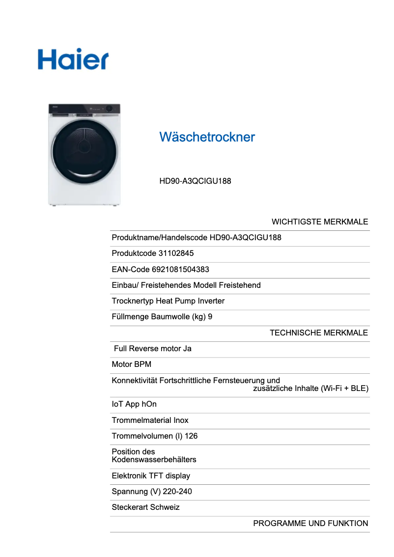 Page 1 de la notice Fiche technique Haier HD90-A3QCIGU1