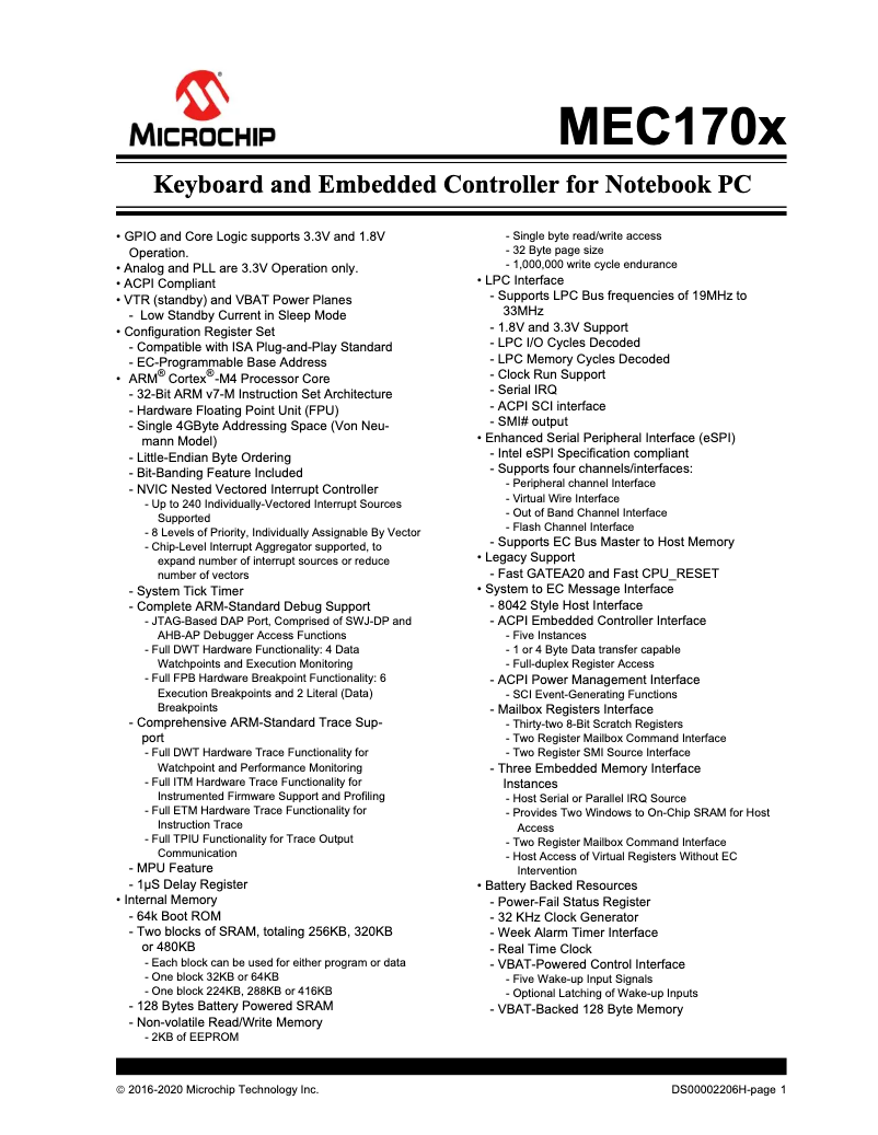 Página 1 del manual Ficha técnica Microchip MEC1701