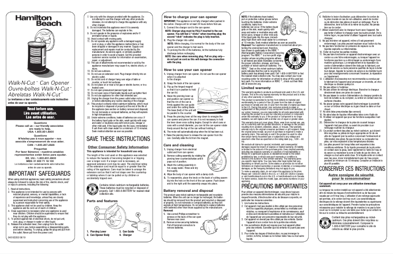Page 1 de la notice Manuel utilisateur Hamilton Beach Walk 'n Cut 76501G