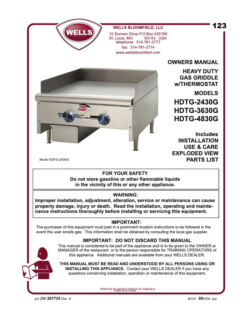 Page n°1 - Manuel utilisateur Wells HDTG3630G