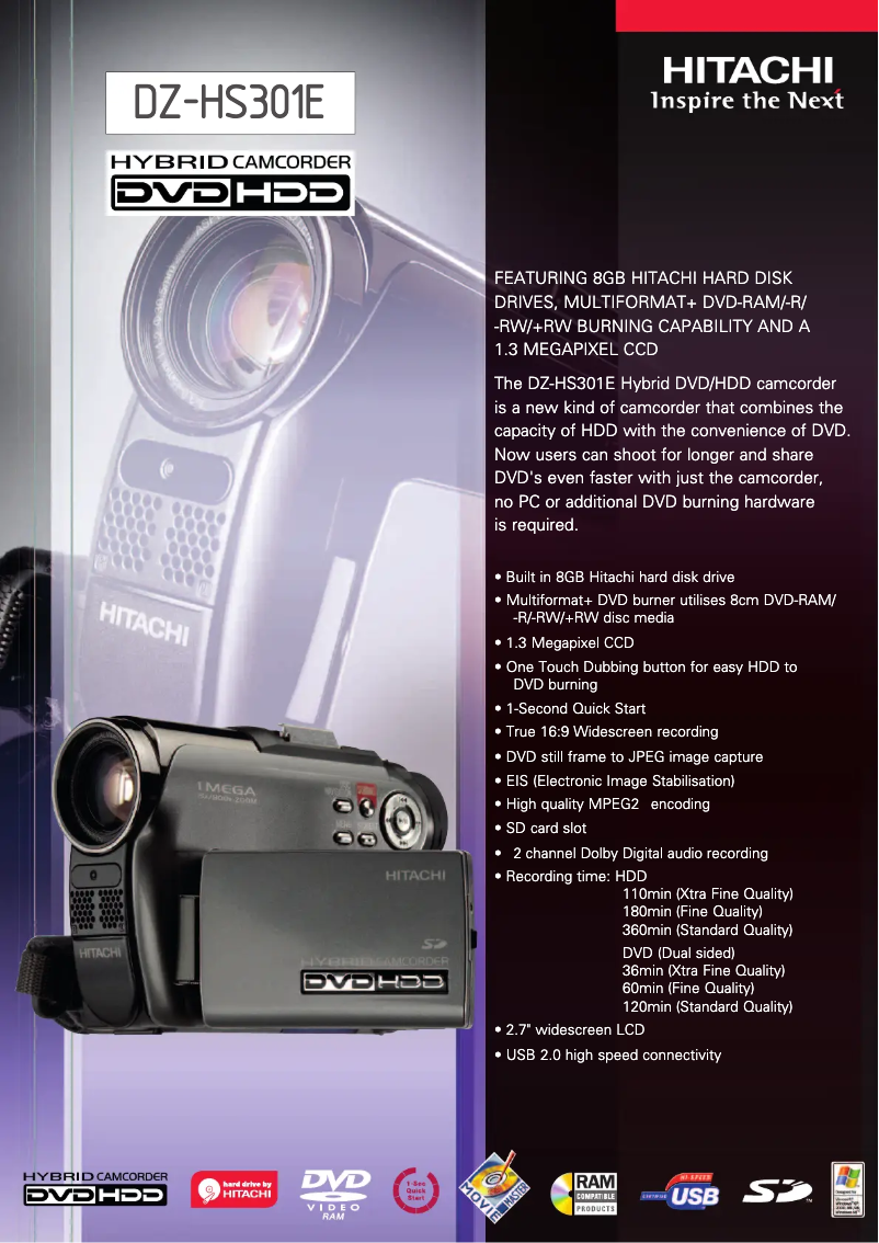 Page 1 de la notice Fiche technique Hitachi DZ-HS301SW