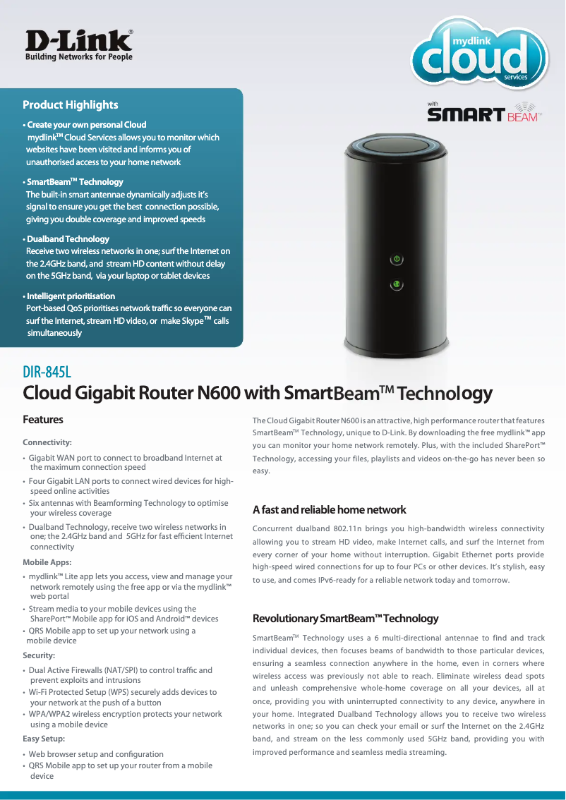 Page 1 de la notice Fiche technique D-Link DIR-845L