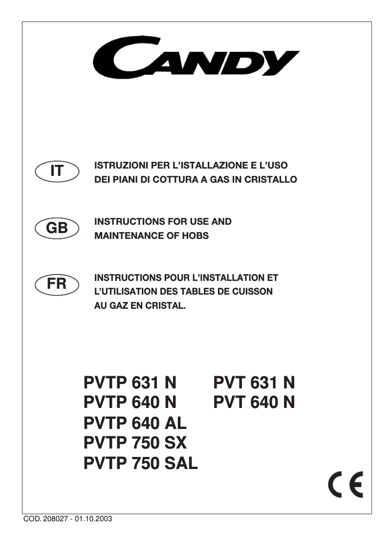 Page 1 de la notice Manuel utilisateur Candy PC PVT 631 N