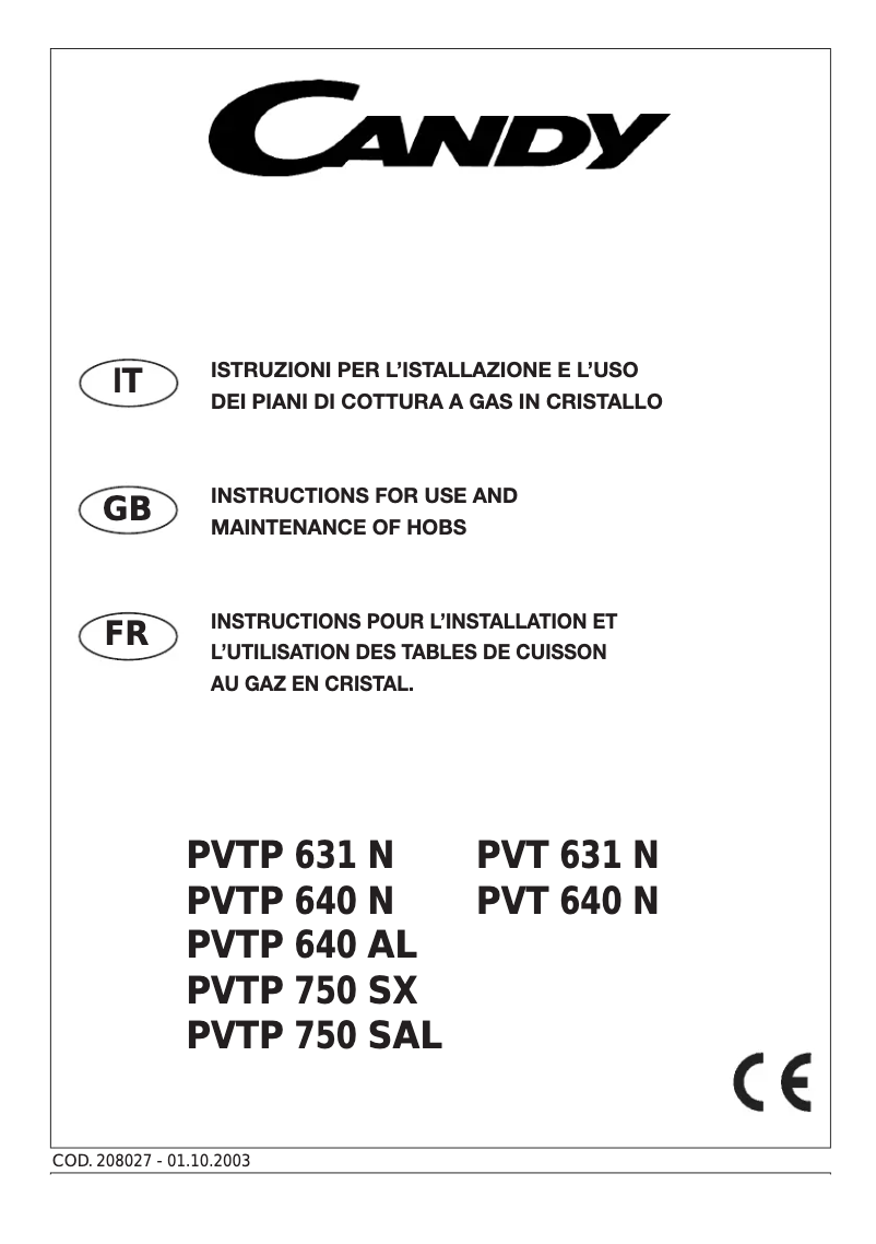 Page n°1 - Manuel utilisateur Candy PC PVT 631 N