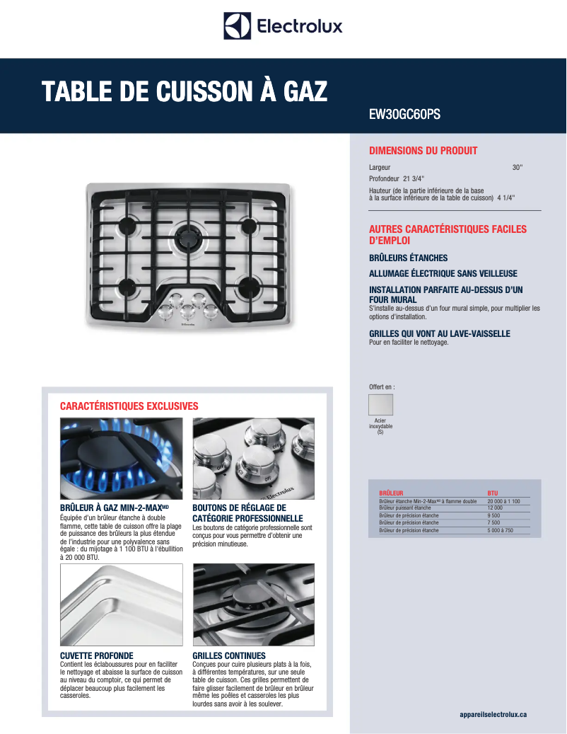 Page 1 de la notice Fiche technique Electrolux EW30GC60PS