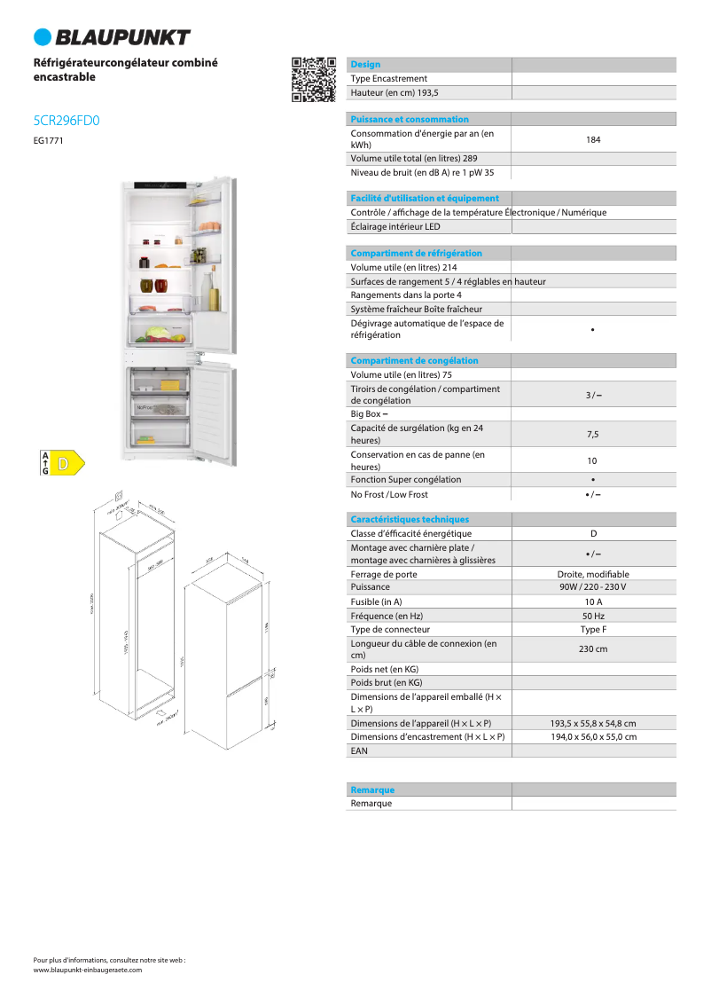 Page n°1 - Fiche technique Blaupunkt 5CR296FD0