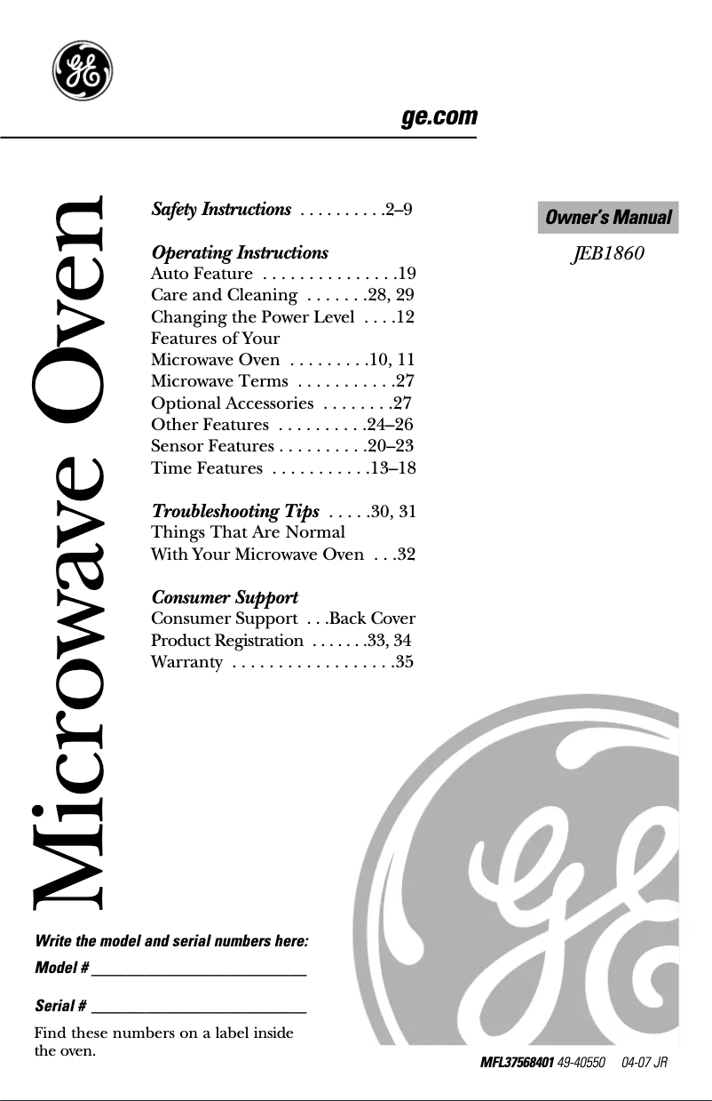 Image de la première page du manuel de l'appareil JEB1860DMWW