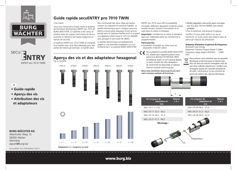 Page 1 de la notice Manuel utilisateur Burg Wächter ENTRYpro 7010 TWIN
