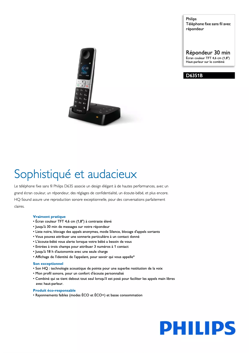 Page 1 de la notice Fiche technique Philips D6351B