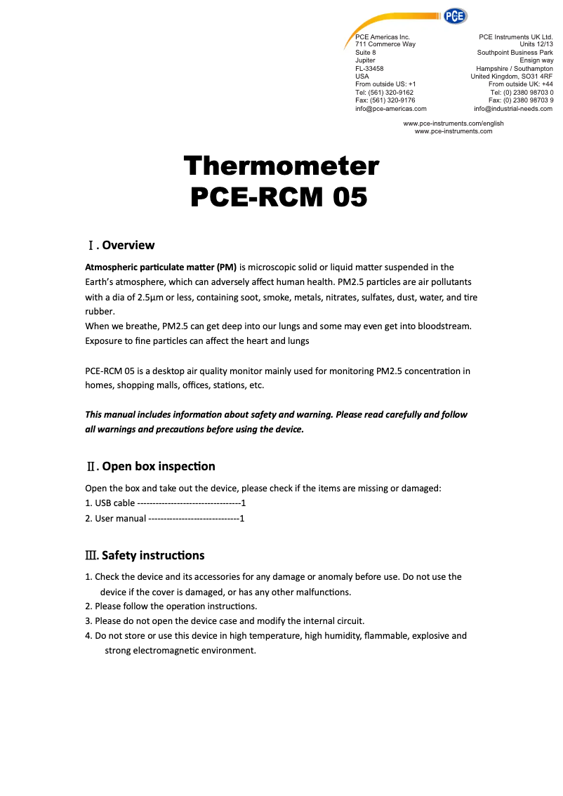Page n°1 - Manuel utilisateur PCE Instruments PCE-RCM 05