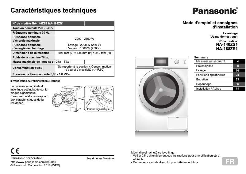 Page 1 de la notice Manuel utilisateur Panasonic NA-168ZS1